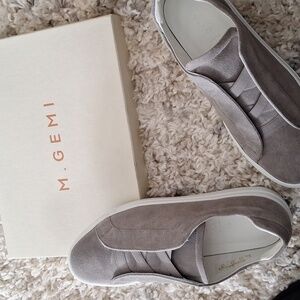 M.GEMI Italian Suede Grey Slip-On Preppy Sneakers Luxury Coastal SZ 7.5.  EU 38